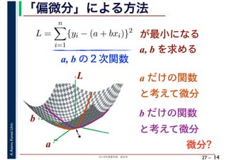 2018年度春学期　統計学
A.Asano,KansaiUniv.
27 –
「偏微分」による方法
14
L =
n
i=1
{yi − (a + bxi)}2
が最小になる
a, b を求める
a, b の２次関数
a
b
L
★
a
b
L a だけの関数
と考えて微分
b だけの関数
と考えて微分
微分?
 