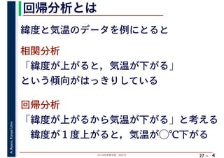 2018年度春学期　統計学
A.Asano,KansaiUniv.
27 –
回帰分析とは
4
緯度と気温のデータを例にとると
相関分析
「緯度が上がると，気温が下がる」
という傾向がはっきりしている
回帰分析
「緯度が上がるから気温が下がる」と考える
　緯度が１度上がると，気温が◯℃下がる
 