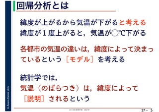 2018年度春学期　統計学
A.Asano,KansaiUniv.
27 –
回帰分析とは
5
緯度が上がるから気温が下がると考える
緯度が１度上がると，気温が◯℃下がる
各都市の気温の違いは，緯度によって決まっ
ているという［モデル］を考える
統計学では，
気温（のばらつき）は，緯度によって
［説明］されるという
 