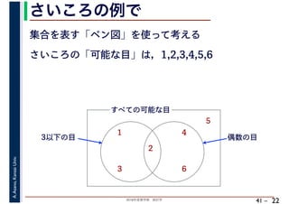 2018年度春学期　統計学
A.Asano,KansaiUniv.
41 –
さいころの例で
22
集合を表す「ベン図」を使って考える
さいころの「可能な目」は，1,2,3,4,5,6
すべての可能な目
1
2
3
4
5
6
3以下の目 偶数の目
 