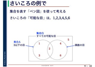 2018年度春学期　統計学
A.Asano,KansaiUniv.
41 –
さいころの例で
22
集合を表す「ベン図」を使って考える
さいころの「可能な目」は，1,2,3,4,5,6
すべての可能な目
1
2
3
4
5
6
集合Ω
3以下の目
集合A
偶数の目
 