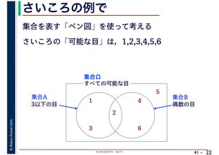 2018年度春学期　統計学
A.Asano,KansaiUniv.
41 –
さいころの例で
22
集合を表す「ベン図」を使って考える
さいころの「可能な目」は，1,2,3,4,5,6
すべての可能な目
1
2
3
4
5
6
集合Ω
3以下の目
集合A
偶数の目
集合B
 