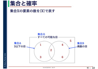 2018年度春学期　統計学
A.Asano,KansaiUniv.
41 –
集合と確率
23
集合Xの要素の数を|X|で表す
すべての可能な目
1
2
3
4
5
6
集合Ω
3以下の目
集合A
偶数の目
集合B
 