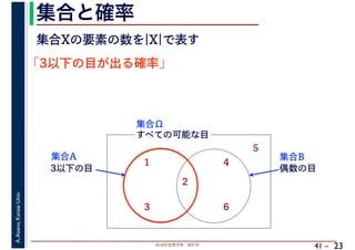 2018年度春学期　統計学
A.Asano,KansaiUniv.
41 –
集合と確率
23
集合Xの要素の数を|X|で表す
「3以下の目が出る確率」
すべての可能な目
1
2
3
4
5
6
集合Ω
3以下の目
集合A
偶数の目
集合B
 