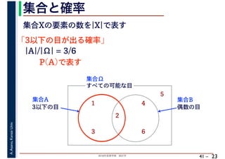 2018年度春学期　統計学
A.Asano,KansaiUniv.
41 –
集合と確率
23
集合Xの要素の数を|X|で表す
「3以下の目が出る確率」
すべての可能な目
1
2
3
4
5
6
集合Ω
3以下の目
集合A
偶数の目
集合B
|A|/|Ω| = 3/6
P(A)で表す
 