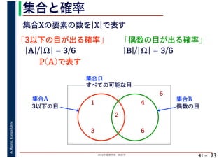 2018年度春学期　統計学
A.Asano,KansaiUniv.
41 –
集合と確率
23
集合Xの要素の数を|X|で表す
「3以下の目が出る確率」
すべての可能な目
1
2
3
4
5
6
集合Ω
3以下の目
集合A
偶数の目
集合B
|A|/|Ω| = 3/6
P(A)で表す
「偶数の目が出る確率」
|B|/|Ω| = 3/6
 