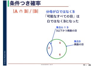 2018年度春学期　統計学
A.Asano,KansaiUniv.
41 –
条件つき確率
26
2
4
6
偶数の目
集合B
集合A ∩ B
3以下かつ偶数の目
|A ∩ B| / |B| 分母がΩではなくB
「可能なすべての目」は
　ΩではなくBになった
 