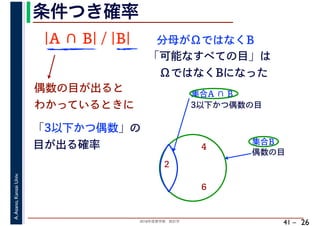 2018年度春学期　統計学
A.Asano,KansaiUniv.
41 –
条件つき確率
26
2
4
6
偶数の目
集合B
集合A ∩ B
3以下かつ偶数の目
偶数の目が出ると
わかっているときに
「3以下かつ偶数」の
目が出る確率
|A ∩ B| / |B| 分母がΩではなくB
「可能なすべての目」は
　ΩではなくBになった
 