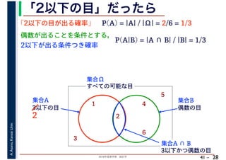 2018年度春学期　統計学
A.Asano,KansaiUniv.
41 –
「2以下の目」だったら
28
「2以下の目が出る確率」
すべての可能な目
1
2
3
4
5
6
集合Ω
3以下の目
集合A
偶数の目
集合B
P(A) = |A| / |Ω| = 2/6 = 1/3
偶数が出ることを条件とする，
2以下が出る条件つき確率
P(A|B) = |A ∩ B| / |B| = 1/3
集合A ∩ B
3以下かつ偶数の目
2
 