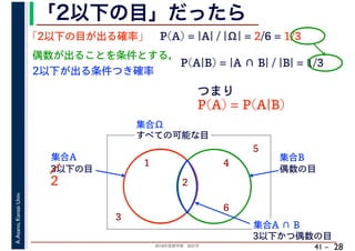 2018年度春学期　統計学
A.Asano,KansaiUniv.
41 –
「2以下の目」だったら
28
「2以下の目が出る確率」
すべての可能な目
1
2
3
4
5
6
集合Ω
3以下の目
集合A
偶数の目
集合B
P(A) = |A| / |Ω| = 2/6 = 1/3
偶数が出ることを条件とする，
2以下が出る条件つき確率
P(A|B) = |A ∩ B| / |B| = 1/3
集合A ∩ B
3以下かつ偶数の目
2
つまり
P(A) = P(A|B)
 