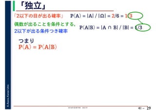 2018年度春学期　統計学
A.Asano,KansaiUniv.
41 –
「独立」
29
「2以下の目が出る確率」 P(A) = |A| / |Ω| = 2/6 = 1/3
偶数が出ることを条件とする，
2以下が出る条件つき確率
P(A|B) = |A ∩ B| / |B| = 1/3
つまり
P(A) = P(A|B)
 