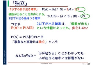 2018年度春学期　統計学
A.Asano,KansaiUniv.
41 –
「独立」
29
「2以下の目が出る確率」 P(A) = |A| / |Ω| = 2/6 = 1/3
偶数が出ることを条件とする，
2以下が出る条件つき確率
P(A|B) = |A ∩ B| / |B| = 1/3
2以下が出る確率は，「偶数が出る」
という情報によっても，変化しない
つまり
P(A) = P(A|B)
P(A) = P(A|B)のとき
「事象Aと事象Bは独立」という
「Bが起きる」ことがわかっても，
　Aが起きる確率には影響がない
AとBが独立＝
 
