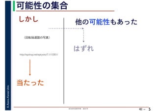 2018年度春学期　統計学
A.Asano,KansaiUniv.
41 –
可能性の集合
5
http://epshop.net/epkyoto/7.1/15001/
当たった
しかし
はずれ
他の可能性もあった
（回転抽選器の写真）
 