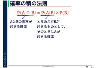 2018年度春学期　統計学
A.Asano,KansaiUniv.
41 –
確率の積の法則
31
AとBの両方が
起きる確率
P(A ∩ B) = P(A|B)×P(B)
とりあえずBが
起きるものとして，
そのときにAが
起きる確率
 