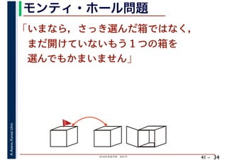 2018年度春学期　統計学
A.Asano,KansaiUniv.
41 –
モンティ・ホール問題
34
「いまなら，さっき選んだ箱ではなく，
　まだ開けていないもう１つの箱を
　選んでもかまいません」
🚩🚩
 