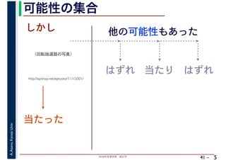 2018年度春学期　統計学
A.Asano,KansaiUniv.
41 –
可能性の集合
5
http://epshop.net/epkyoto/7.1/15001/
当たった
しかし
はずれ
他の可能性もあった
当たり はずれ
（回転抽選器の写真）
 