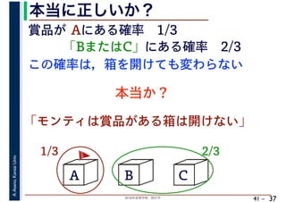 2018年度春学期　統計学
A.Asano,KansaiUniv.
41 –
本当に正しいか？
37
A B C
賞品が Aにある確率　1/3
「BまたはC」にある確率　2/3
1/3 2/3
この確率は，箱を開けても変わらない
本当か？
「モンティは賞品がある箱は開けない」
🚩🚩
 