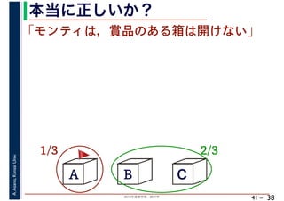 2018年度春学期　統計学
A.Asano,KansaiUniv.
41 –
本当に正しいか？
38
A B C
1/3 2/3
「モンティは，賞品のある箱は開けない」
🚩🚩
 