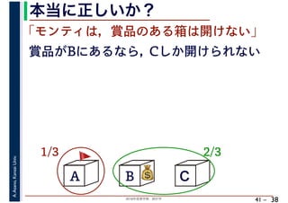 2018年度春学期　統計学
A.Asano,KansaiUniv.
41 –
本当に正しいか？
38
A B C
1/3 2/3
賞品がBにあるなら，
💰💰
「モンティは，賞品のある箱は開けない」
Cしか開けられない
🚩🚩
 