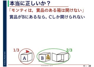 2018年度春学期　統計学
A.Asano,KansaiUniv.
41 –
本当に正しいか？
38
A B C
1/3 2/3
賞品がBにあるなら，
💰💰
「モンティは，賞品のある箱は開けない」
Cしか開けられない
🚩🚩
 