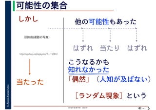 2018年度春学期　統計学
A.Asano,KansaiUniv.
41 –
可能性の集合
5
http://epshop.net/epkyoto/7.1/15001/
当たった
しかし
はずれ
他の可能性もあった
当たり はずれ
こうなるかも
知れなかった
「偶然」（人知が及ばない）
［ランダム現象］という
（回転抽選器の写真）
 