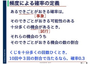 2018年度春学期　統計学
A.Asano,KansaiUniv.
41 –
頻度による確率の定義
8
あるできごとがおきる確率は，
そのできごとがおきる可能性のある
十分多くの機会があるとき，
それらの機会のうち
そのできごとがおきる機会の数の割合
くじを十分多くの回数ひくとき，
10回中３回の割合で当たるなら，確率0.3
［事象］
［試行］
 