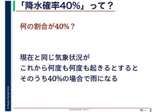 2018年度春学期　統計学
A.Asano,KansaiUniv.
41 –
「降水確率40%」って？
3
何の割合が40%？
現在と同じ気象状況が
これから何度も何度も起きるとすると
そのうち40%の場合で雨になる
 