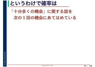 2018年度春学期　統計学
A.Asano,KansaiUniv.
41 –
というわけで確率は
14
「十分多くの機会」に関する話を
　次の１回の機会にあてはめている
 