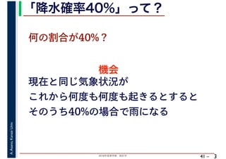 2018年度春学期　統計学
A.Asano,KansaiUniv.
41 –
「降水確率40%」って？
3
何の割合が40%？
現在と同じ気象状況が
これから何度も何度も起きるとすると
そのうち40%の場合で雨になる
機会
 