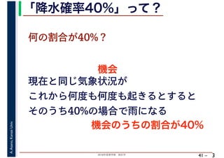 2018年度春学期　統計学
A.Asano,KansaiUniv.
41 –
「降水確率40%」って？
3
何の割合が40%？
現在と同じ気象状況が
これから何度も何度も起きるとすると
そのうち40%の場合で雨になる
機会
機会のうちの割合が40%
 