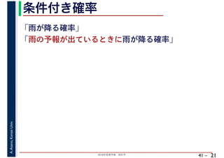 2018年度春学期　統計学
A.Asano,KansaiUniv.
41 –
条件付き確率
21
「雨が降る確率」
「雨の予報が出ているときに雨が降る確率」
 
