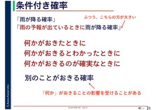 2018年度春学期　統計学
A.Asano,KansaiUniv.
41 –
条件付き確率
21
何かがおきたときに
何かがおきるとわかったときに
何かがおきるのが確実なときに
「雨が降る確率」
「雨の予報が出ているときに雨が降る確率」
別のことがおきる確率
ふつう，こちらの方が大きい
「何か」がおきることの影響を受けることがある
 