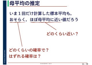 2018年度春学期　統計学
A.Asano,KansaiUniv.
35 –
母平均の推定
10
いま１回だけ計算した標本平均も，
おそらく，ほぼ母平均に近い値だろう
どのくらい近い？
どのくらいの確率で？
はずれる確率は？
 