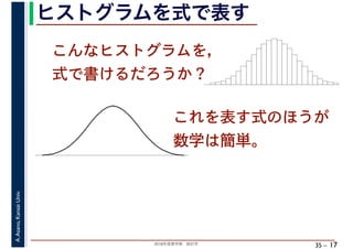2018年度春学期　統計学
A.Asano,KansaiUniv.
35 –
ヒストグラムを式で表す
17
こんなヒストグラムを，
式で書けるだろうか？
これを表す式のほうが
数学は簡単。
 