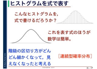 2018年度春学期　統計学
A.Asano,KansaiUniv.
35 –
ヒストグラムを式で表す
17
こんなヒストグラムを，
式で書けるだろうか？
これを表す式のほうが
数学は簡単。
階級の区切り方がどん
どん細かくなって，見
えなくなったと考える
［連続型確率分布］
 