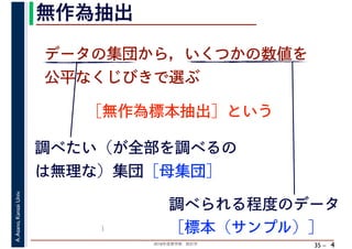 2018年度春学期　統計学
A.Asano,KansaiUniv.
35 –
無作為抽出
4

データの集団から，いくつかの数値を
公平なくじびきで選ぶ
［無作為標本抽出］という
調べたい（が全部を調べるの
は無理な）集団［母集団］
調べられる程度のデータ
［標本（サンプル）］
 