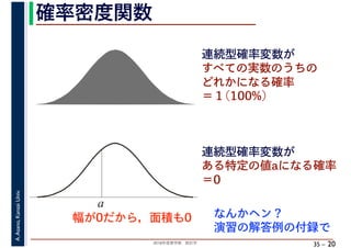 2018年度春学期　統計学
A.Asano,KansaiUniv.
35 –
確率密度関数
20
連続型確率変数が
すべての実数のうちの
どれかになる確率
＝１(100%)
a
連続型確率変数が
ある特定の値aになる確率
＝0
幅が0だから，面積も0 なんかヘン？
演習の解答例の付録で
 