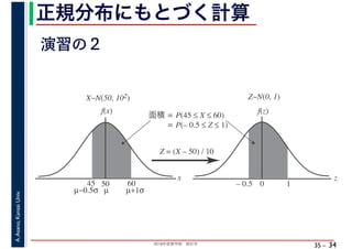2018年度春学期　統計学
A.Asano,KansaiUniv.
35 –
正規分布にもとづく計算
34
演習の２
面積 = P(45 ≤ X ≤ 60)
　　 = P(– 0.5 ≤ Z ≤ 1)
X~N(50, 102)
x
f(x)
50 6045
µ+1σµ−0.5σ µ
Z~N(0, 1)
z
f(z)
0 1– 0.5
Z = (X – 50) / 10
 