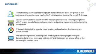 Conclusion
9
The	networking	team	is	collaborating	even	more	with	IT	and	other	key	groups	in	the	
business	and	becoming	more	involved	in	IT	initiatives	and	shaping	the	overall	IT	strategy
Security	continues	to	be	top-of-mind	for	network	professionals.	They’re	joining	forces	
with	IT	to	stay	ahead	of	potential	cyberattacks	and	putting	investments	behind	securing	
the	network.	
IT	budgets	dedicated	to	security,	cloud	services	and	application	development	are	
still	on	the	rise	
The	Networking	team	is	investing	time	and	budget	into	emerging	technologies.
Converged	and	hyper	converged	systems,	IoT	and	Blockchain	are	among	a	few	of	the	
technologies	on	their	radar
 