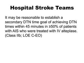 Hospital Stroke Teams
It may be reasonable to establish a
secondary DTN time goal of achieving DTN
times within 45 minutes in ≥50% of patients
with AIS who were treated with IV alteplase.
(Class IIb; LOE C-EO)
 
