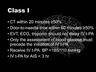 IV t-PA for AIS < 3 – 4.5 hr
Class I
• for pts ≤80 y/o, without both DM and stroke hx,
NIHSS ≤25, not taking any OACs, <1/...