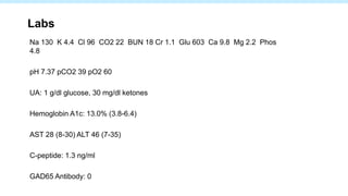 Labs
Na 130 K 4.4 Cl 96 CO2 22 BUN 18 Cr 1.1 Glu 603 Ca 9.8 Mg 2.2 Phos
4.8
pH 7.37 pCO2 39 pO2 60
UA: 1 g/dl glucose, 30 mg/dl ketones
Hemoglobin A1c: 13.0% (3.8-6.4)
AST 28 (8-30) ALT 46 (7-35)
C-peptide: 1.3 ng/ml
GAD65 Antibody: 0
 