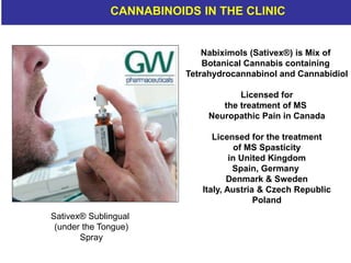 CANNABINOIDS IN THE CLINIC
Nabiximols (Sativex®) is Mix of
Botanical Cannabis containing
Tetrahydrocannabinol and Cannabidiol
Licensed for
the treatment of MS
Neuropathic Pain in Canada
Licensed for the treatment
of MS Spasticity
in United Kingdom
Spain, Germany
Denmark & Sweden
Italy, Austria & Czech Republic
Poland
Sativex® Sublingual
(under the Tongue)
Spray
 