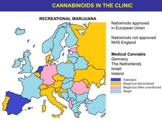 Tolerated
Illegal but decimalized
Illegal but often unenforced
Illegal
Nabiximols approved
in European Union
Nabiximols not approved
NHS England
RECREATIONAL MARIJUANA
Medical Cannabis
Germany
The Netherlands
Israel
Ireland
CANNABINOIDS IN THE CLINIC
 