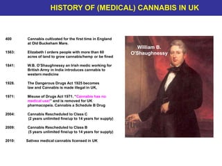 William B.
O'Shaughnessy
400 Cannabis cultivated for the first time in England
at Old Buckeham Mare.
1563: Elizabeth I orders people with more than 60
acres of land to grow cannabis/hemp or be fined
1841: W.B. O’Shaughnessy an Irish medic working for
British Army in India introduces cannabis to
western medicine
1928. The Dangerous Drugs Act 1925 becomes
law and Cannabis is made illegal in UK,
1971: Misuse of Drugs Act 1971. “Cannabis has no
medical use!” and is removed for UK
pharmacopeia. Cannabis a Schedule B Drug
2004: Cannabis Rescheduled to Class C
(2 years unlimited fine/up to 14 years for supply)
2009: Cannabis Rescheduled to Class B
(5 years unlimited fine/up to 14 years for supply)
2010: Sativex medical cannabis licensed in UK
HISTORY OF (MEDICAL) CANNABIS IN UK
 