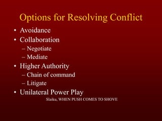 Options for Resolving Conflict
• Avoidance
• Collaboration
– Negotiate
– Mediate
• Higher Authority
– Chain of command
– Litigate
• Unilateral Power Play
Slaiku, WHEN PUSH COMES TO SHOVE
 