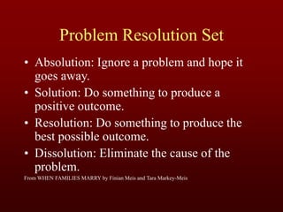Problem Resolution Set
• Absolution: Ignore a problem and hope it
goes away.
• Solution: Do something to produce a
positive outcome.
• Resolution: Do something to produce the
best possible outcome.
• Dissolution: Eliminate the cause of the
problem.
From WHEN FAMILIES MARRY by Finian Meis and Tara Markey-Meis
 