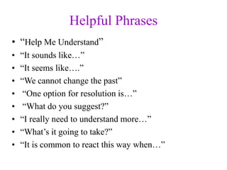 Helpful Phrases
• “Help Me Understand”
• “It sounds like…”
• “It seems like….”
• “We cannot change the past”
• “One option for resolution is…”
• “What do you suggest?”
• “I really need to understand more…”
• “What’s it going to take?”
• “It is common to react this way when…”
 