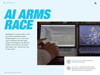 Copyright © 2017 sparks & honey. All rights reserved.
65
Intelligence, human and AI, is one
of a nation’s greatest assets.
Global leaders are in an AI arms
race to become the next super
power of intelligence. As Russia’s
Vladimir Putin warns, the nation
that leads in AI “will be the ruler
of the world.”
AI ARMS 
RACE
2018 Trends Brief / Tech
Robots Everywhere: Our jobs are being
displaced by technology. 
Shadow World: Approaching black markets,
back alleys and the dark corners of society as
opportunities to learn and experiment.
 