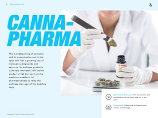 Copyright © 2017 sparks & honey. All rights reserved.
71
CANNA-
PHARMAThe mainstreaming of cannabis
and its consumption out in the
open will fuel a growing use of
marijuana compounds and
extracts for wellness products.
Cannabis innovators will create
products that borrow from the
medicinal aesthetic of
pharmaceuticals to relay the
wellness message of the budding
herb.
Mainstream Marijuana: The legalization and
proliferation of marijuana use out in the
open.
Provenance: Preserving and celebrating
history and heritage.
2018 Trends Brief / Tech
 